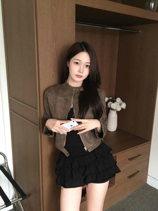Motor China Crop Suede Rider Jacket