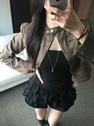 Motor China Crop Suede Rider Jacket