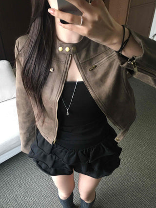 Motor China Crop Suede Rider Jacket