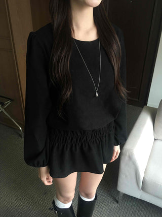 Velvet Puff Sleeve A-Line Flare Dress