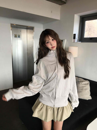 Feminine Pleated Cutout Elastic Waist Short Zip-up