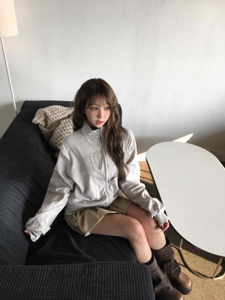 Feminine Pleated Cutout Elastic Waist Short Zip-up
