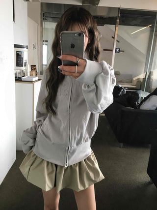Feminine Pleated Cutout Elastic Waist Short Zip-up