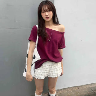 Plain Short Sleeve Off-Shoulder T-shirt
