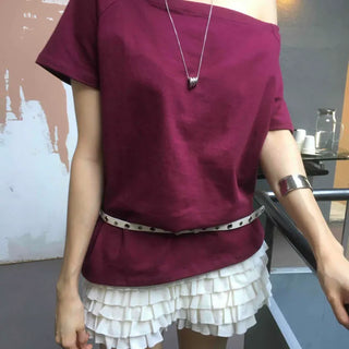 Plain Short Sleeve Off-Shoulder T-shirt