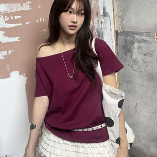 Plain Short Sleeve Off-Shoulder T-shirt