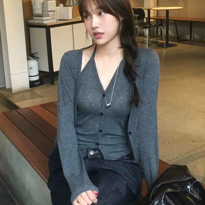 One-piece Halter Layered Long-Sleeve Cardigan