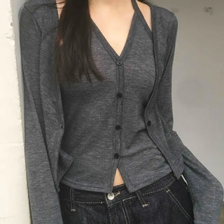 One-piece Halter Layered Long-Sleeve Cardigan