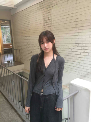 One-piece Halter Layered Long-Sleeve Cardigan