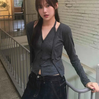 One-piece Halter Layered Long-Sleeve Cardigan