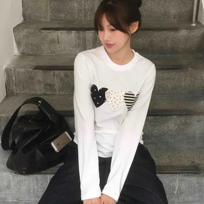 Grunge Autumn Heart Patch Long Sleeve T-shirt
