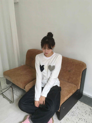 Grunge Autumn Heart Patch Long Sleeve T-shirt