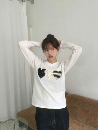 Grunge Autumn Heart Patch Long Sleeve T-shirt