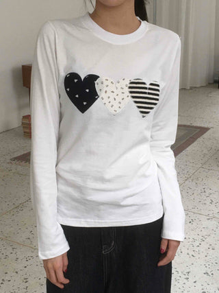 Grunge Autumn Heart Patch Long Sleeve T-shirt