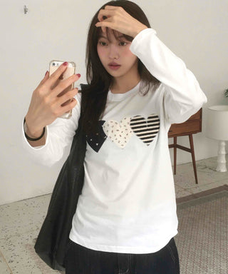 Grunge Autumn Heart Patch Long Sleeve T-shirt