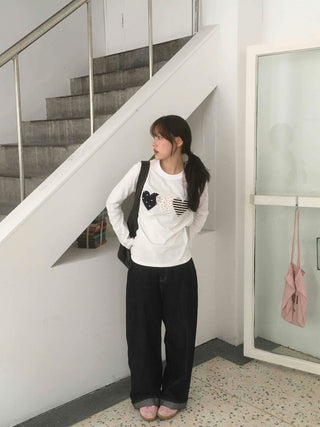 Grunge Autumn Heart Patch Long Sleeve T-shirt