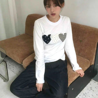 Grunge Autumn Heart Patch Long Sleeve T-shirt