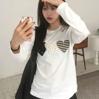 Grunge Autumn Heart Patch Long Sleeve T-shirt