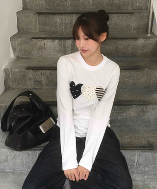 Grunge Autumn Heart Patch Long Sleeve T-shirt