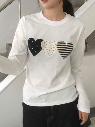 Grunge Autumn Heart Patch Long Sleeve T-shirt