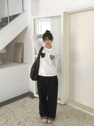 Grunge Autumn Heart Patch Long Sleeve T-shirt