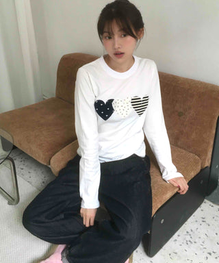 Grunge Autumn Heart Patch Long Sleeve T-shirt
