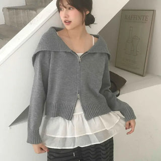 Basic Two-Way Sailor Collar Knit Zip-Up