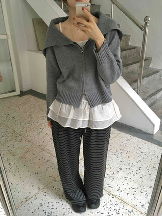 Basic Two-Way Sailor Collar Knit Zip-Up