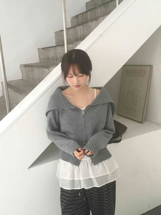 Basic Two-Way Sailor Collar Knit Zip-Up