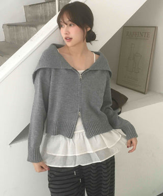 Basic Two-Way Sailor Collar Knit Zip-Up