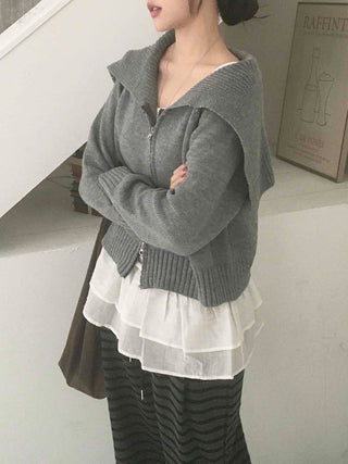 Basic Two-Way Sailor Collar Knit Zip-Up