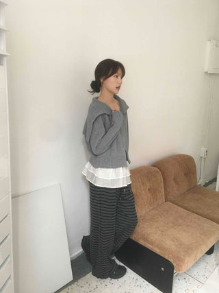 Basic Two-Way Sailor Collar Knit Zip-Up