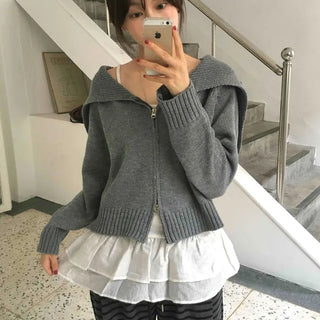 Basic Two-Way Sailor Collar Knit Zip-Up