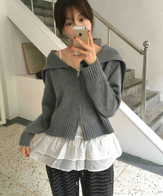 Basic Two-Way Sailor Collar Knit Zip-Up
