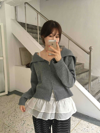 Basic Two-Way Sailor Collar Knit Zip-Up