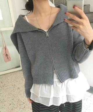 Basic Two-Way Sailor Collar Knit Zip-Up