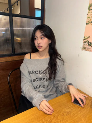 Pony Off-Shoulder Lettering Sweatshirt
