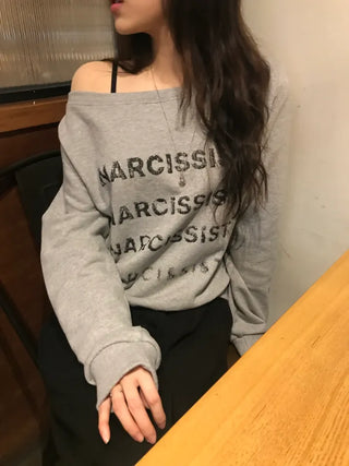 Pony Off-Shoulder Lettering Sweatshirt