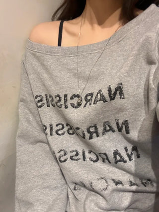 Pony Off-Shoulder Lettering Sweatshirt