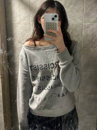 Pony Off-Shoulder Lettering Sweatshirt