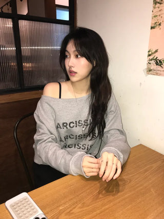 Pony Off-Shoulder Lettering Sweatshirt
