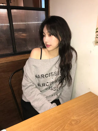Pony Off-Shoulder Lettering Sweatshirt