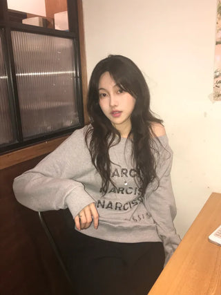 Pony Off-Shoulder Lettering Sweatshirt