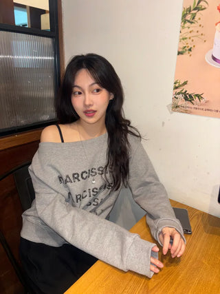 Pony Off-Shoulder Lettering Sweatshirt