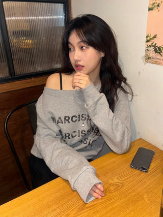 Pony Off-Shoulder Lettering Sweatshirt