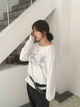 Lettering One-Off-Shoulder Loose-Fit Long-Sleeve T-Shirt