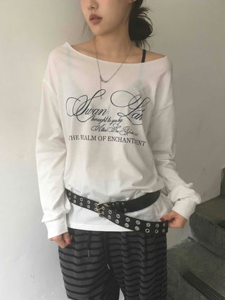 Lettering One-Off-Shoulder Loose-Fit Long-Sleeve T-Shirt