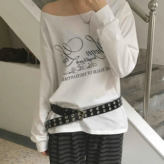 Lettering One-Off-Shoulder Loose-Fit Long-Sleeve T-Shirt