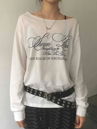 Lettering One-Off-Shoulder Loose-Fit Long-Sleeve T-Shirt
