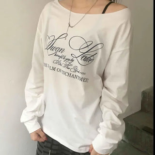 Lettering One-Off-Shoulder Loose-Fit Long-Sleeve T-Shirt